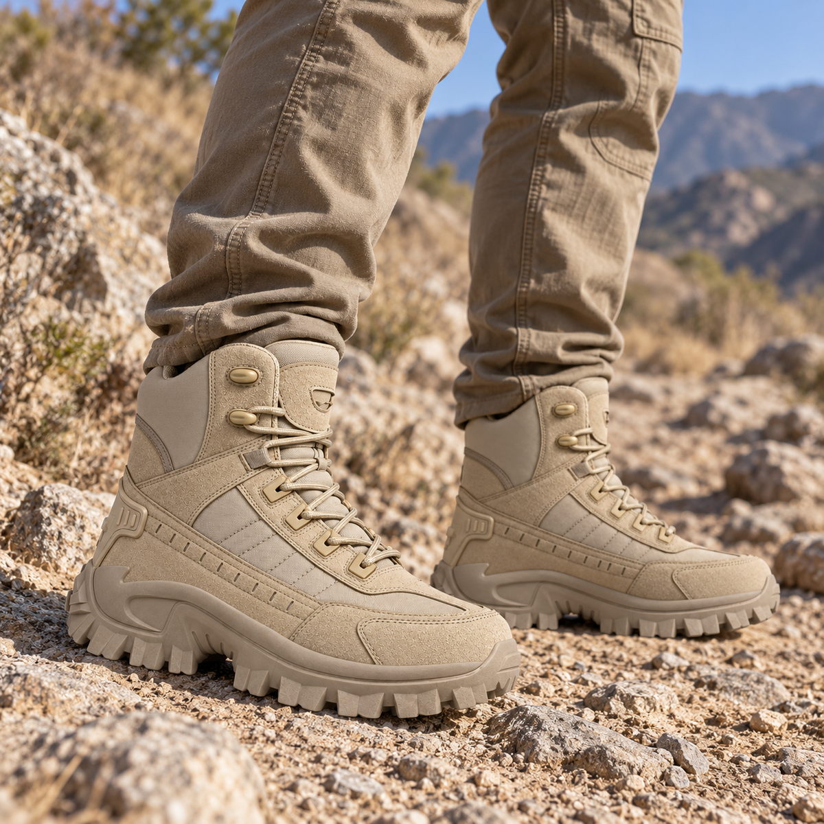 08 chaussures randonnee homme militaire beiges portees rochers