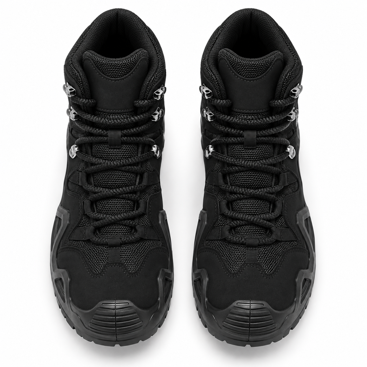 Paire complète de chaussures randonnée montantes noires vue du dessus avec ouvertures et laçage