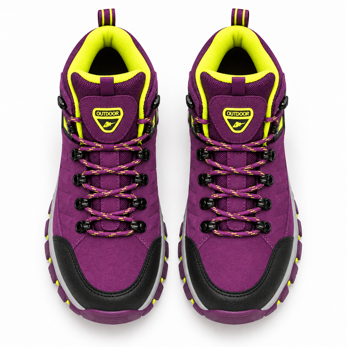 Paire complète de chaussures randonnée violettes et jaunes vue du dessus avec ouvertures et laçage