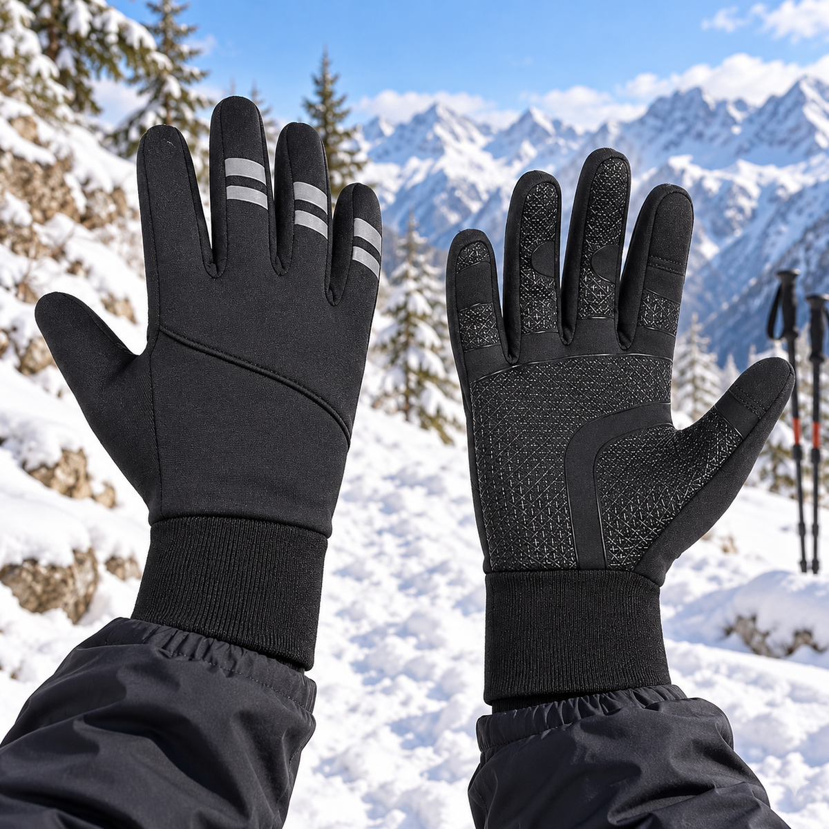 Gants pour bâton de randonnée noirs portés sur sentier enneigé – dos et paume entiers