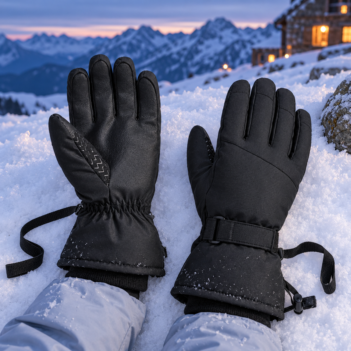 Gant ski de randonnée femme — paire portée près d'un refuge alpin
