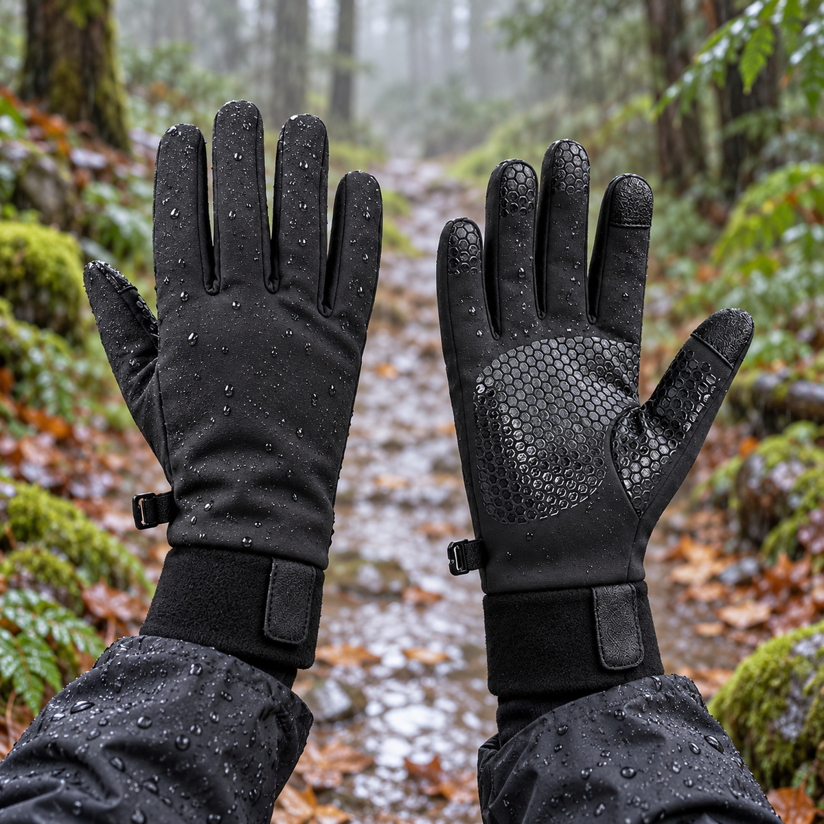 Gants chauds et imperméables femme noirs portés sur un sentier forestier humide