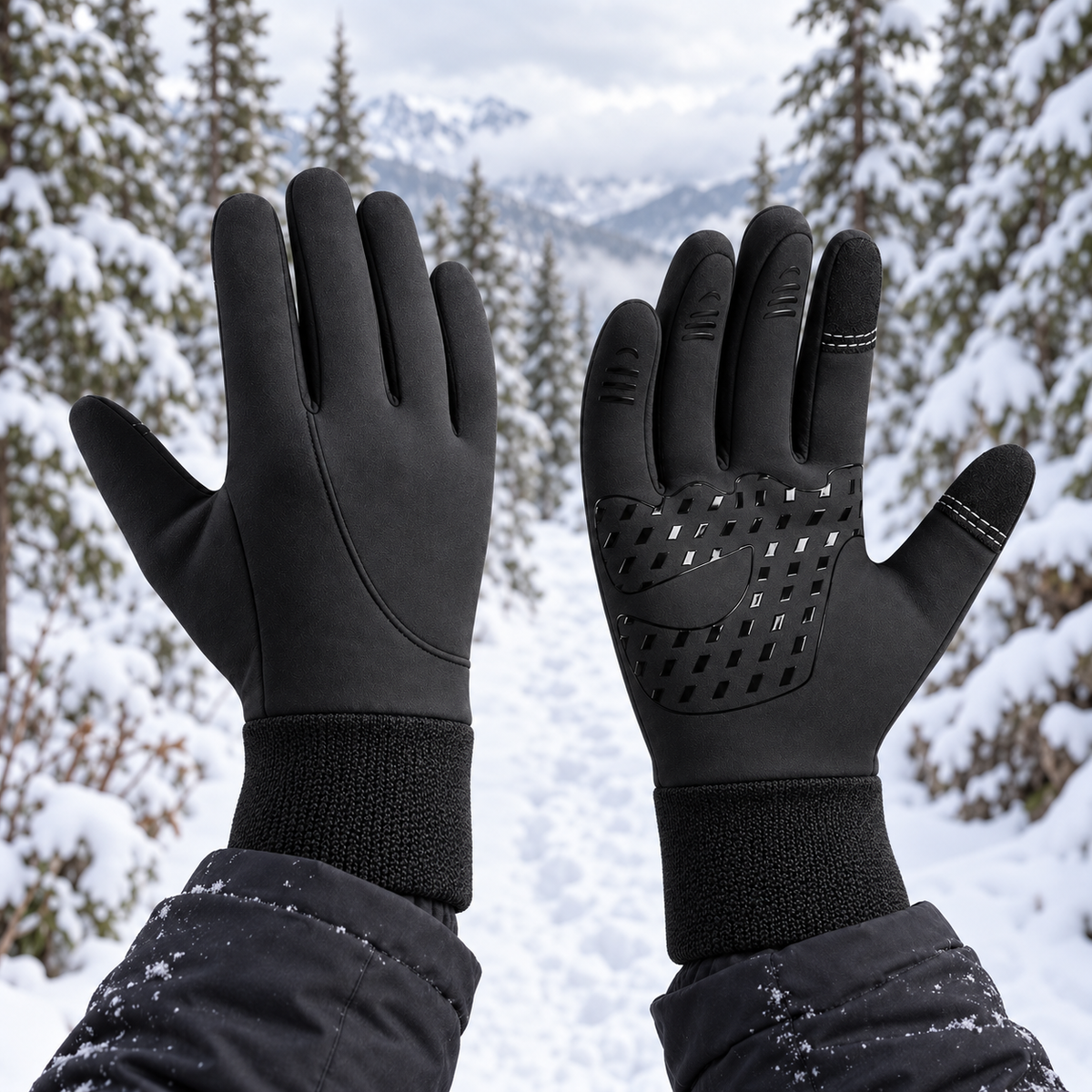 Gants de ski chauds noirs portés sur un sentier forestier enneigé