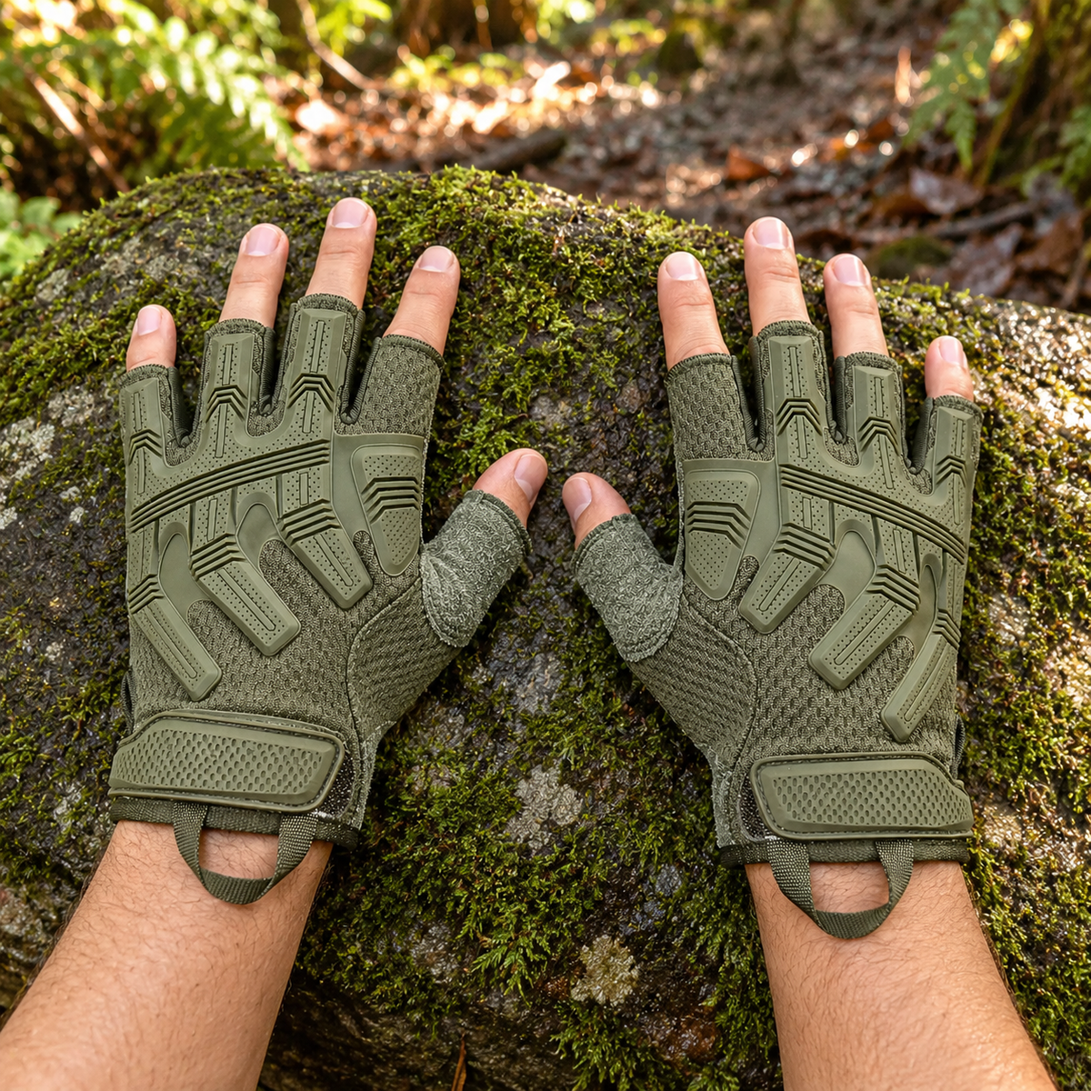 Gants fins vert armée portés en forêt – paire entièrement lisible