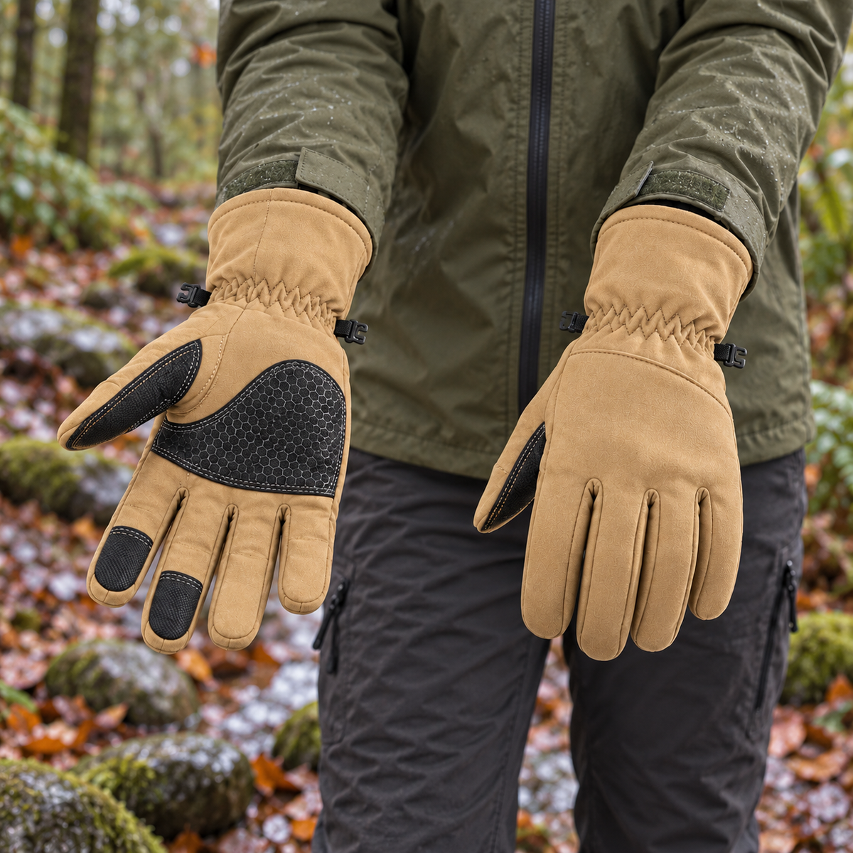Gants imperméables randonnée jaune sable portés en forêt humide