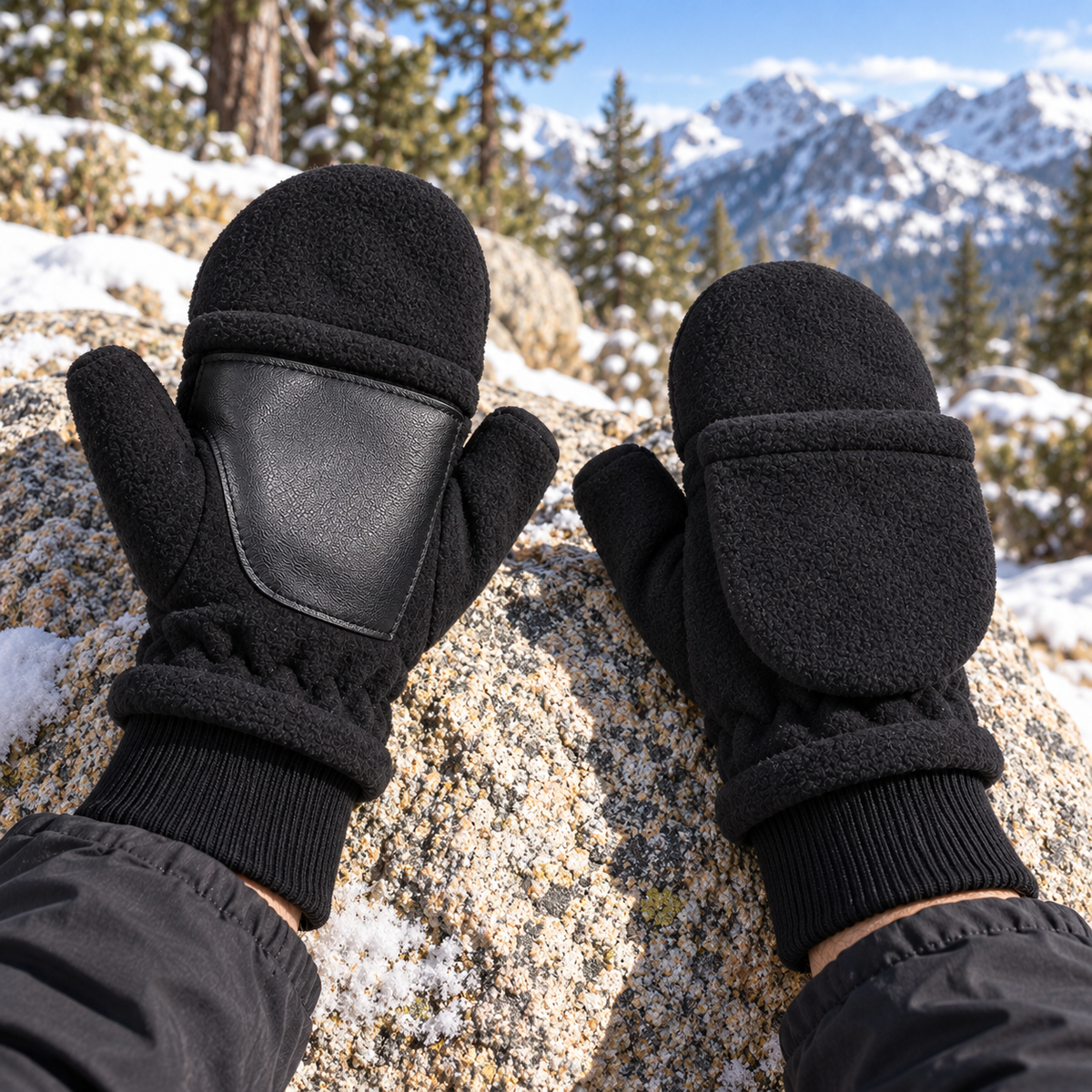 Gants moufles noirs portés fermés sur un rocher en montagne