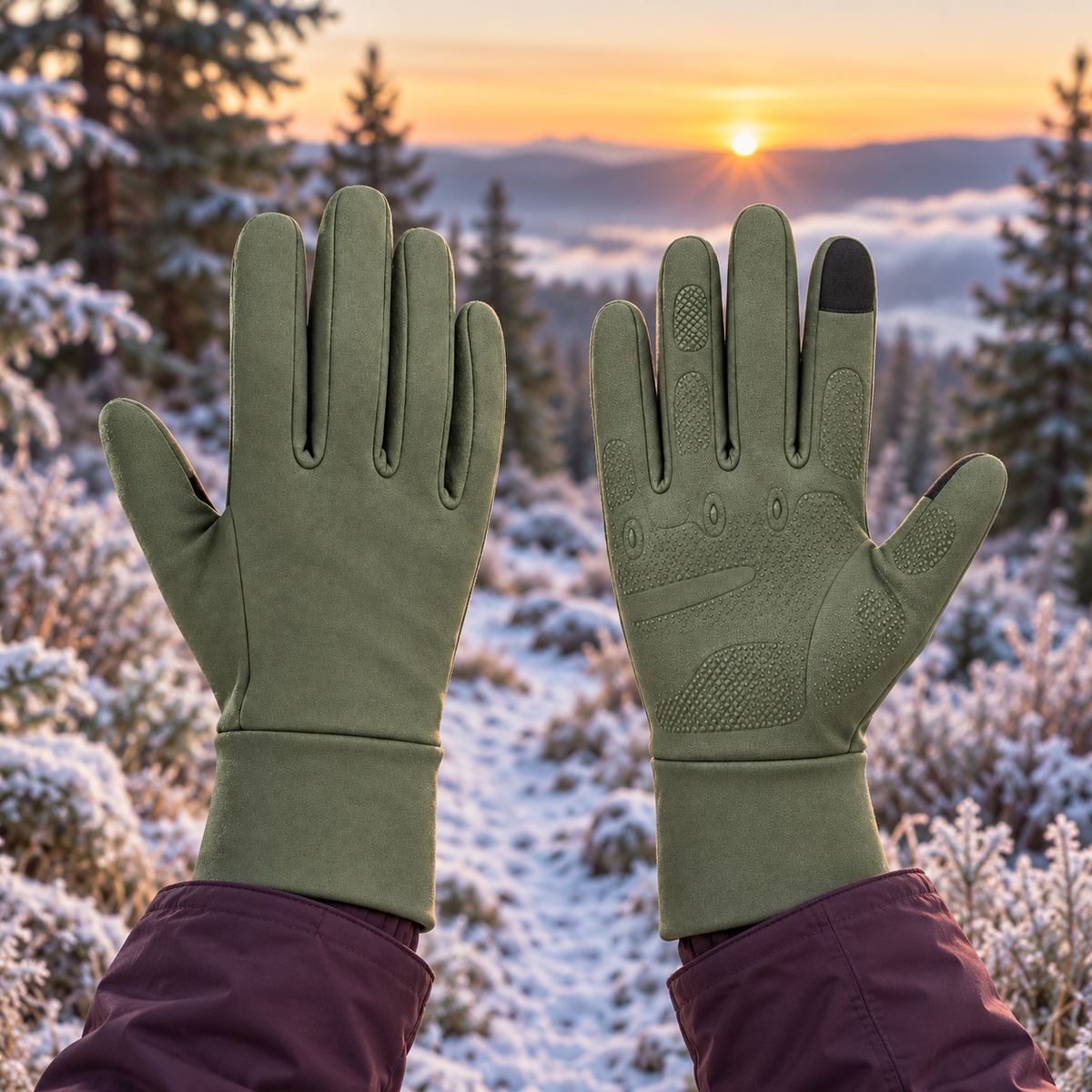 Gants verts portés sur un sentier givré