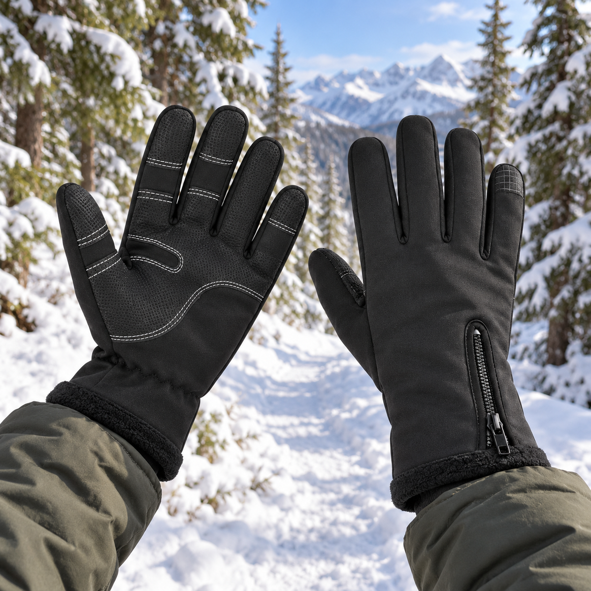 Gants chauffants noirs portés sur un sentier forestier enneigé