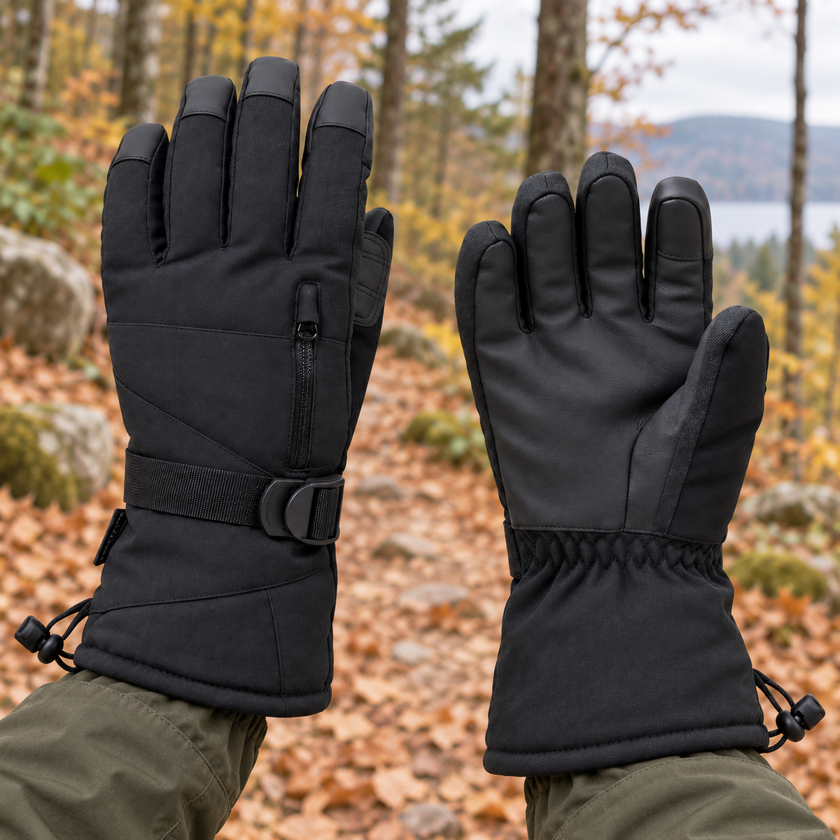 Gants randonnée Softshell noirs portés sur un sentier forestier en automne