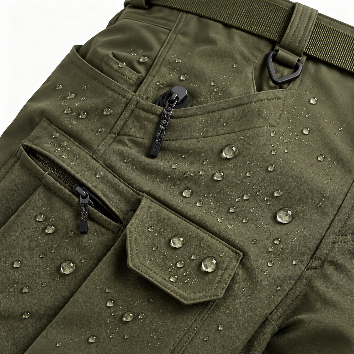 Gouttes d'eau sur le pantalon cargo randonnée homme vert olive
