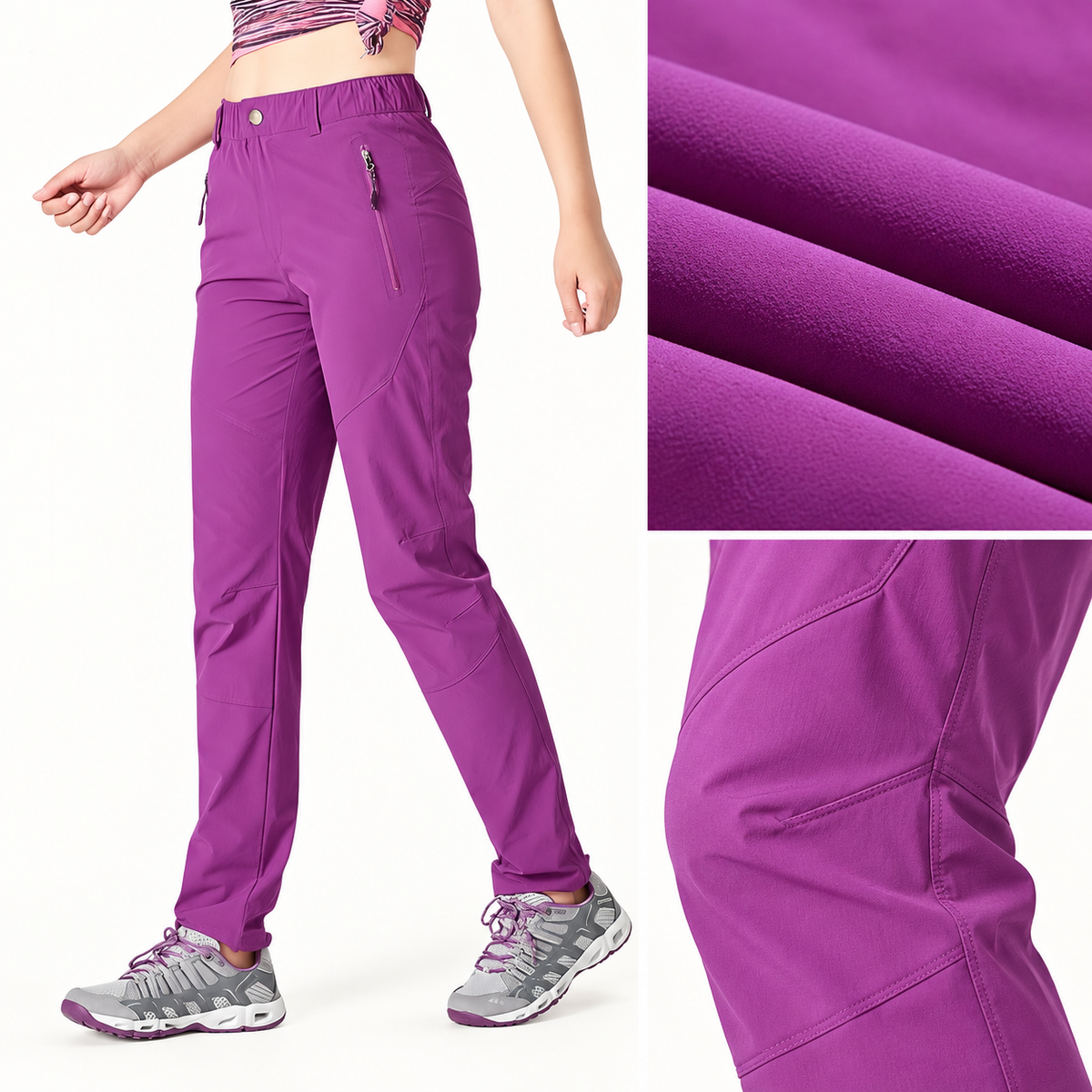 Matière et couture genou du pantalon randonnée femme petite taille violet