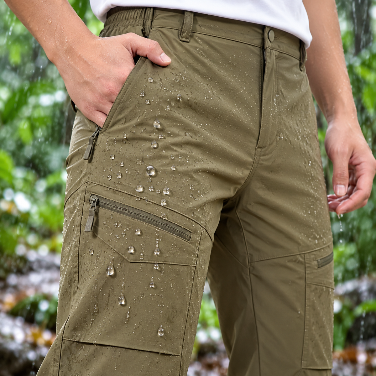 Déperlance du pantalon randonnée tropicale olive sous la pluie