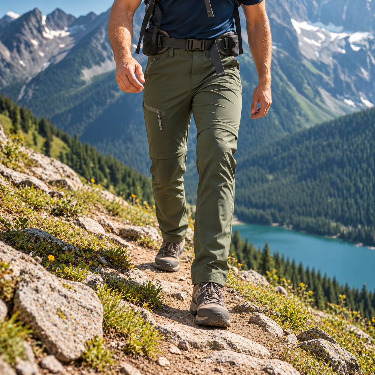 Pantalon randonnée vert olive en mouvement