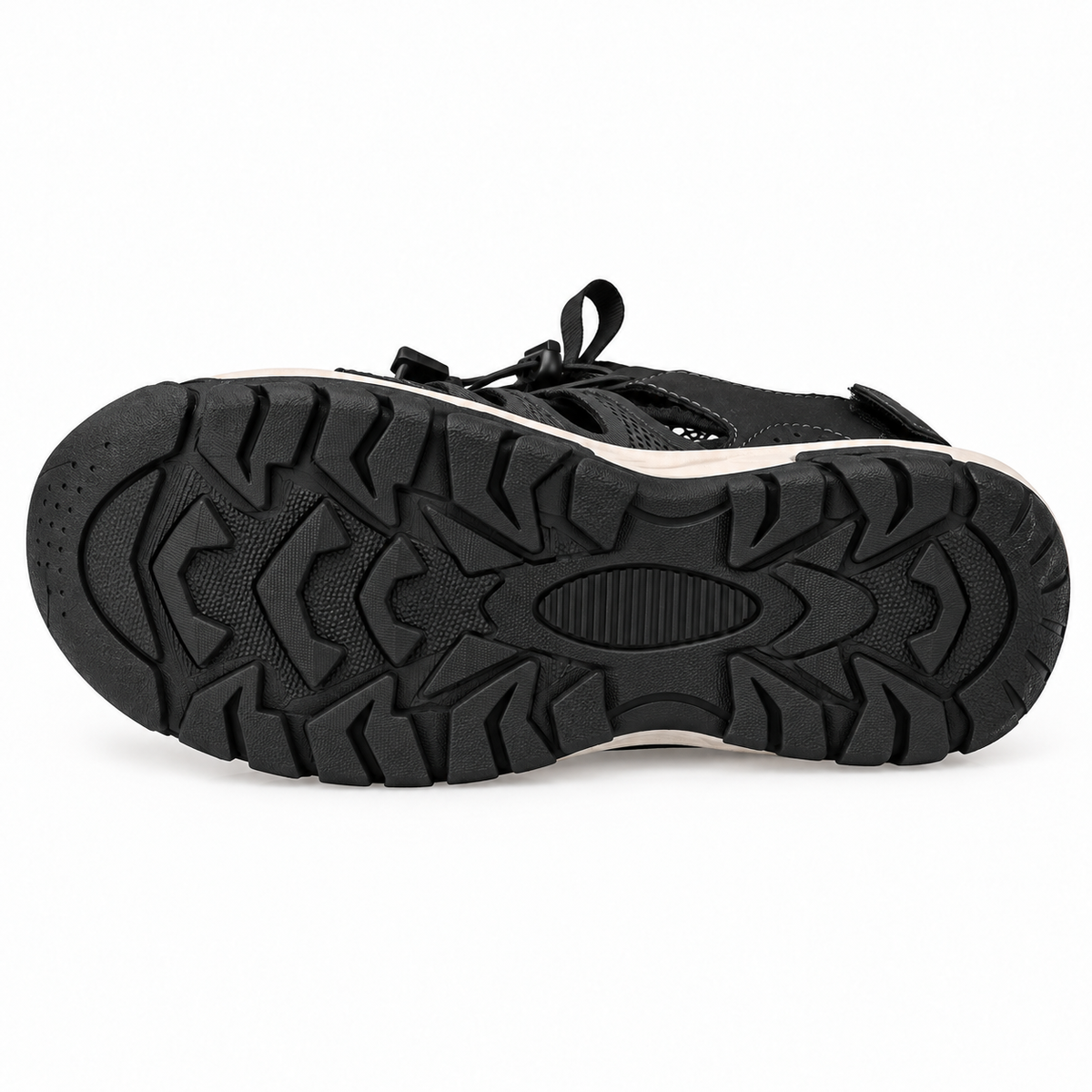 Semelle extérieure complète de sandale légère de randonnée noire montrant les crampons du talon aux orteils