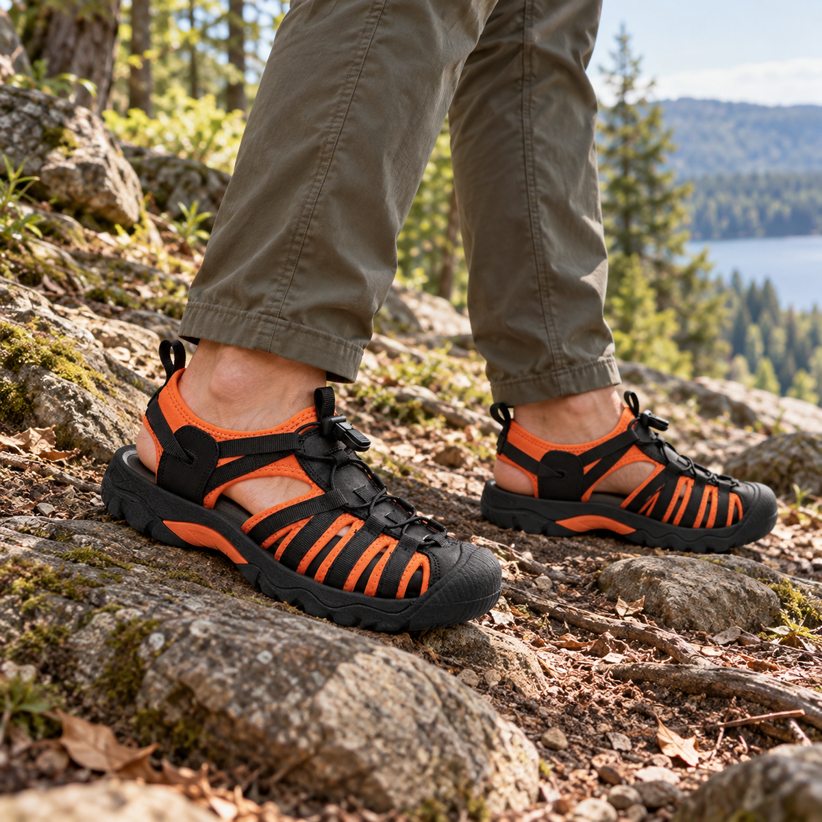 Sandales randonnée orange sur terrain irrégulier