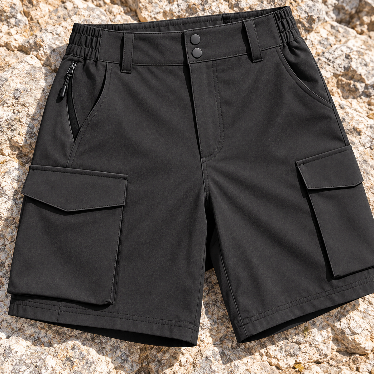 Détails du tissu et des poches du short noir femme de randonnée