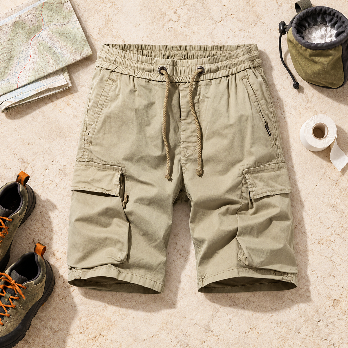 Short randonnée escalade beige avec équipement d'approche