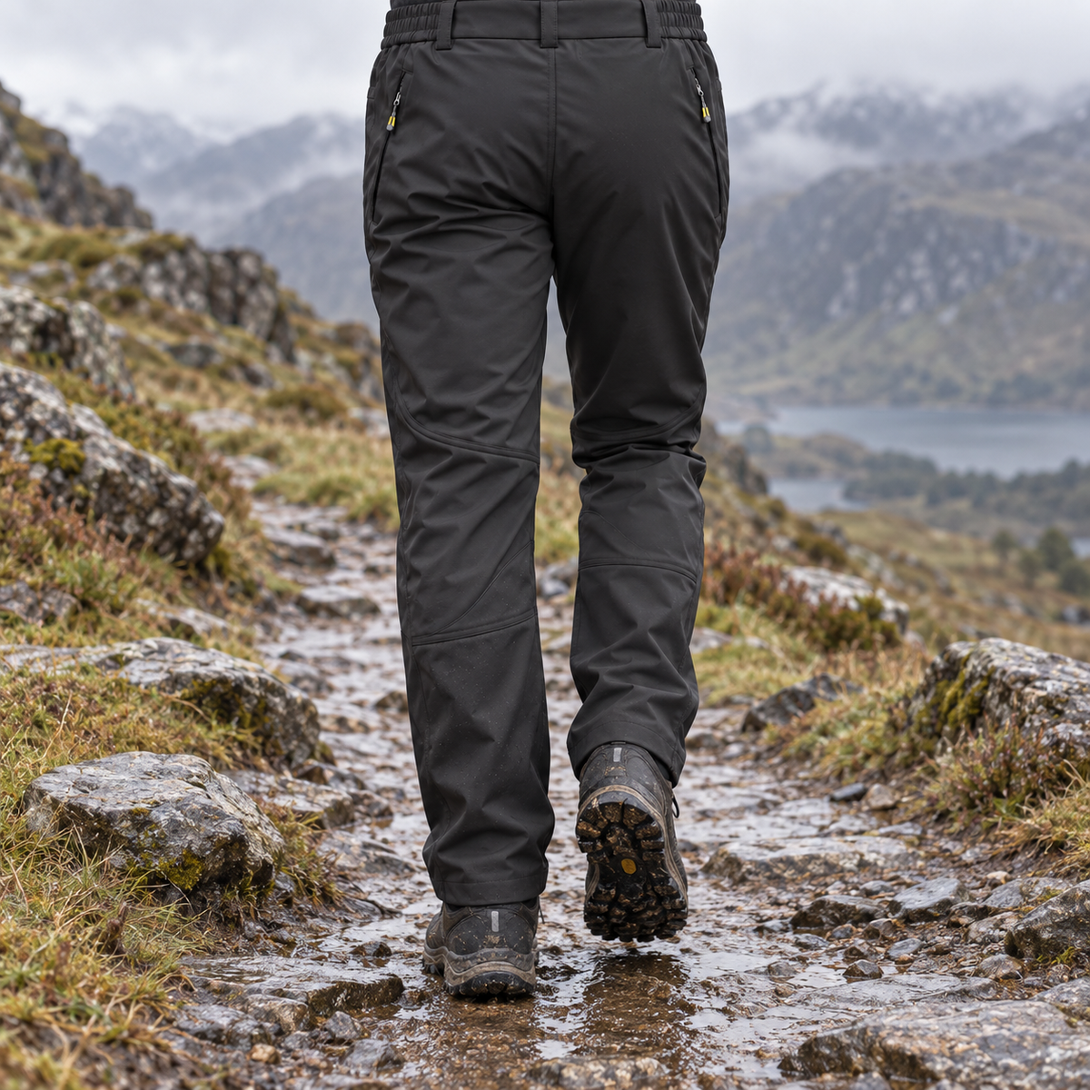 Sur pantalon imperméable randonnée noir — coupe arrière portée sur sentier humide