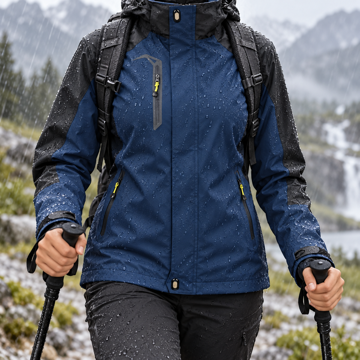 Veste femme de randonnée bleu marine portée sous la pluie en montagne sans visage