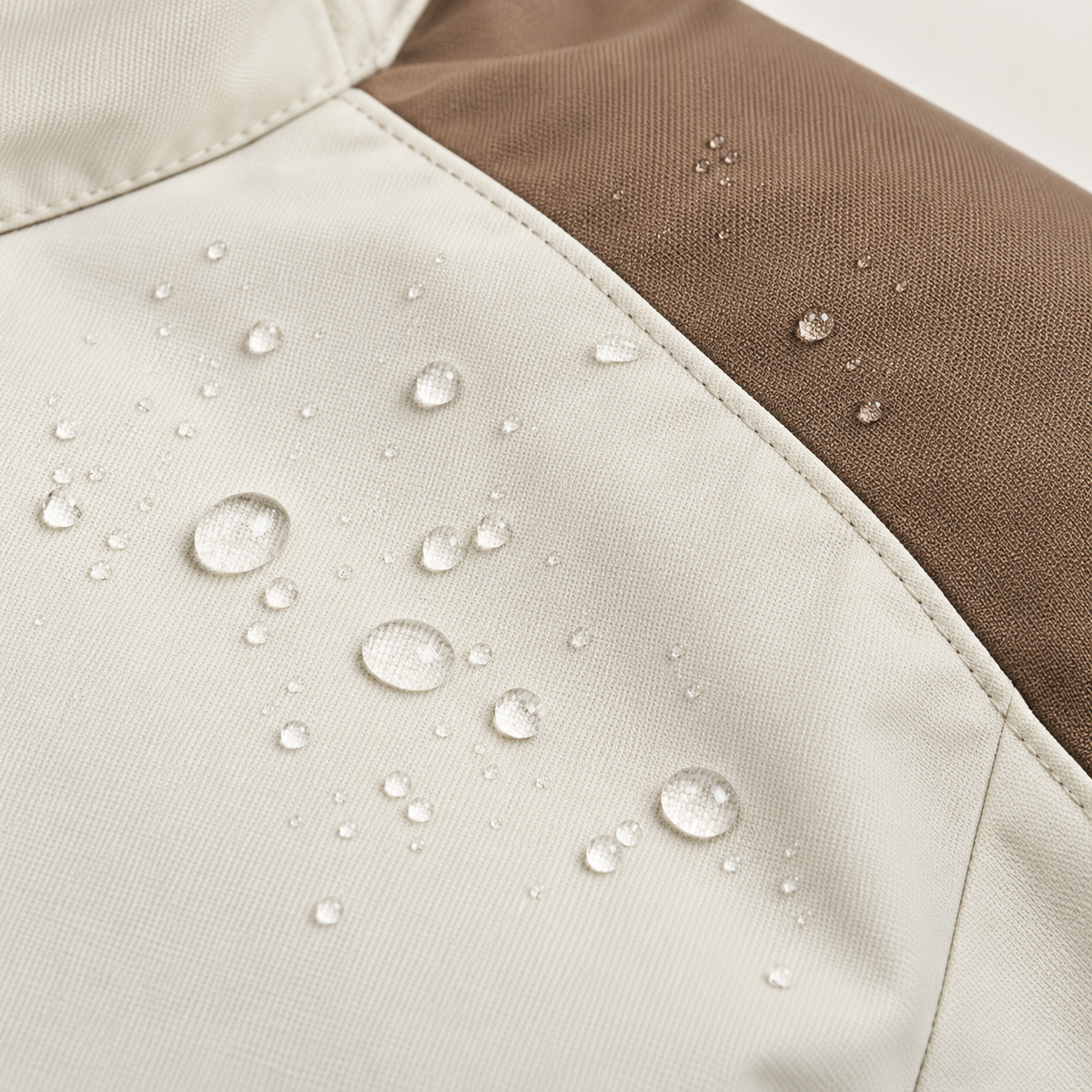 Veste randonnée automne beige – gouttes sur le tissu