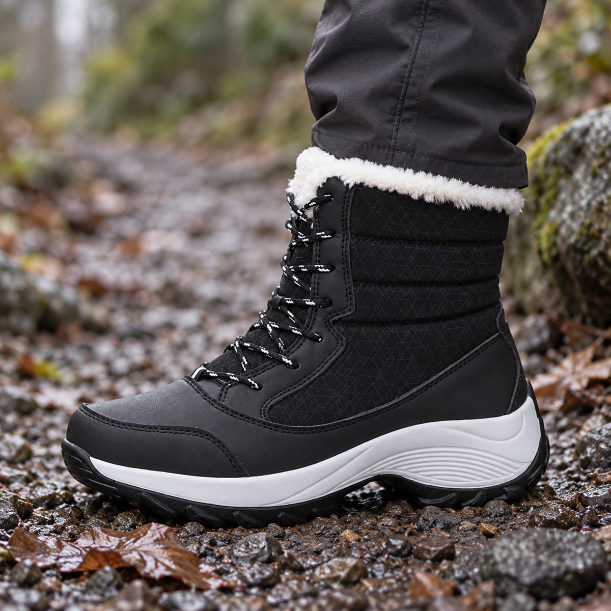 08b botte de pluie randonnee femme appui gravier humide