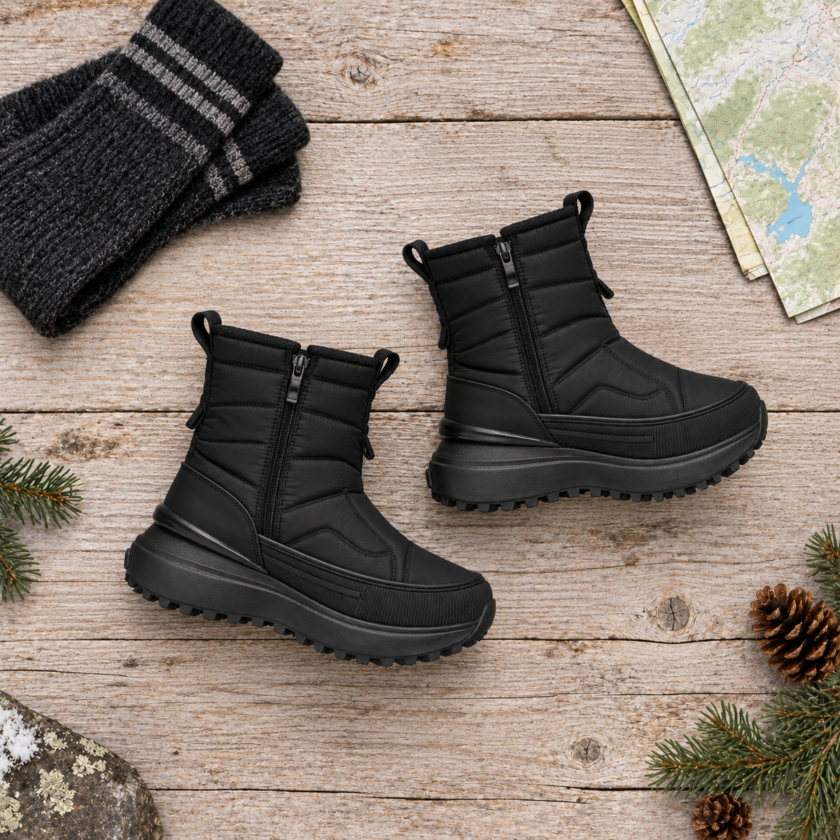 08b botte randonnee hiver noire flatlay equipement