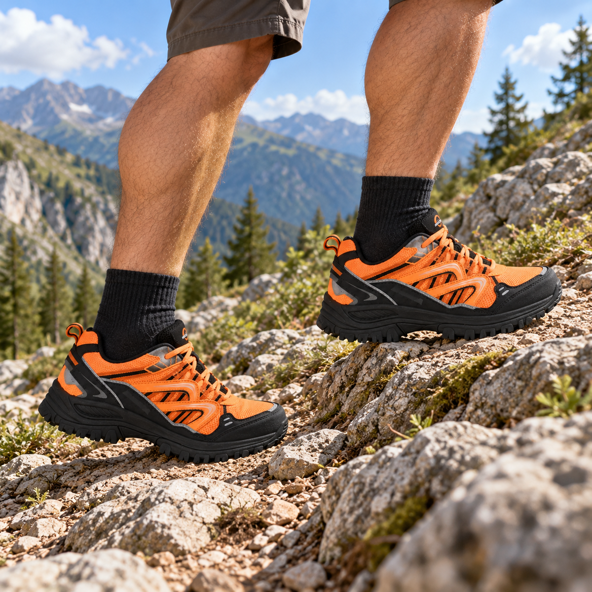 08b chaussure randonnee orange montee rocheuse