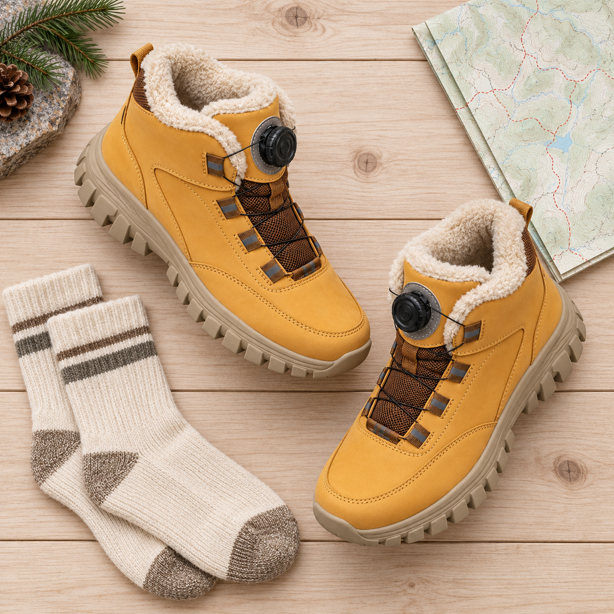 08d bottes randonnee cuir femme jaunes flatlay equipement