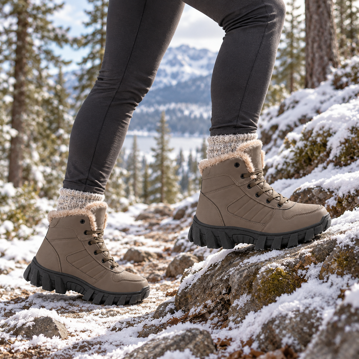 08d bottes randonnee marron kaki neige deux pieds
