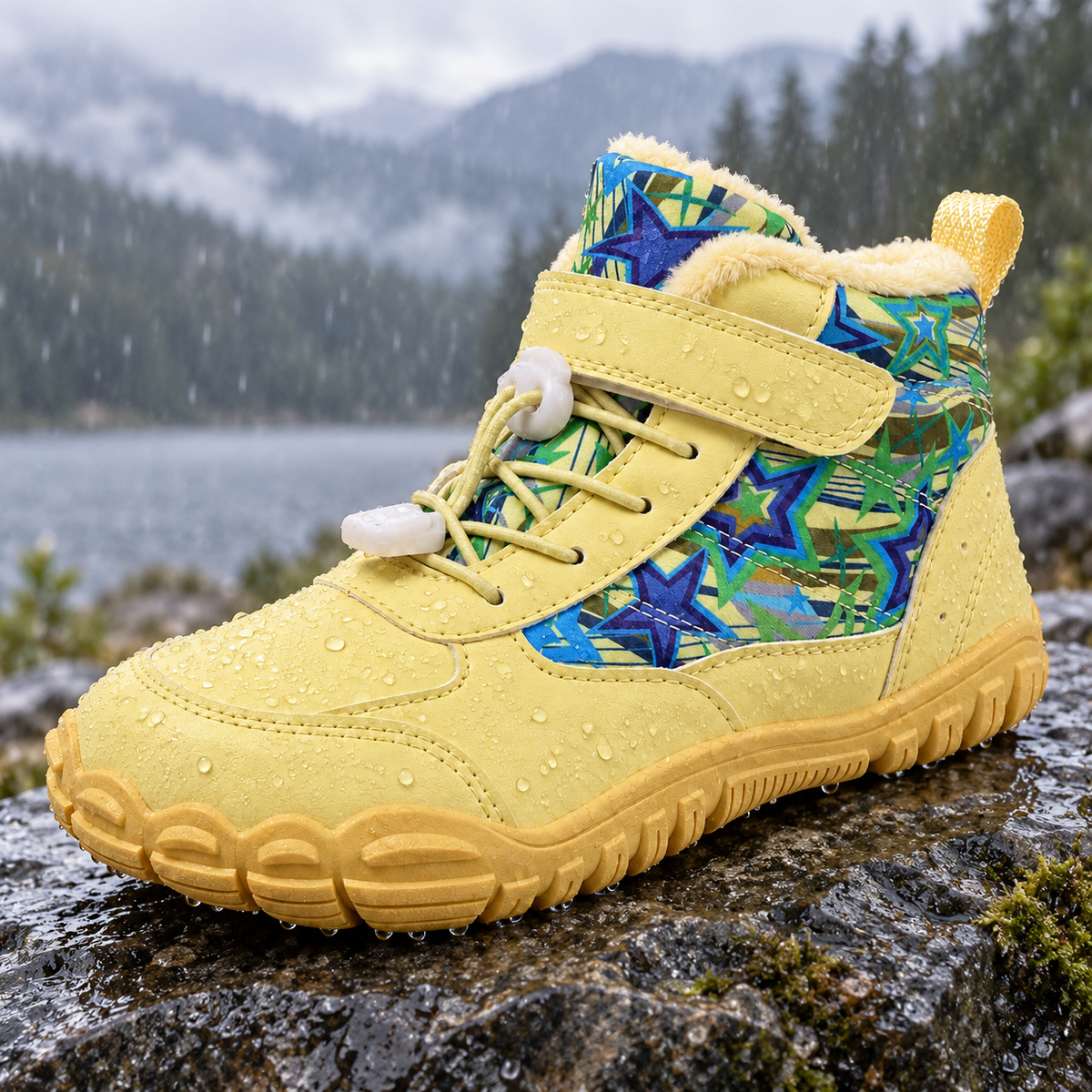 08e botte randonnee impermeable femme jaune gouttes eau