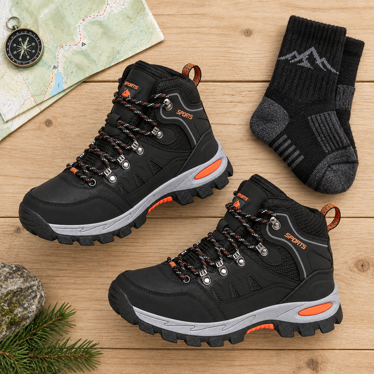 08e bottes caoutchouc randonnee noires flatlay equipement