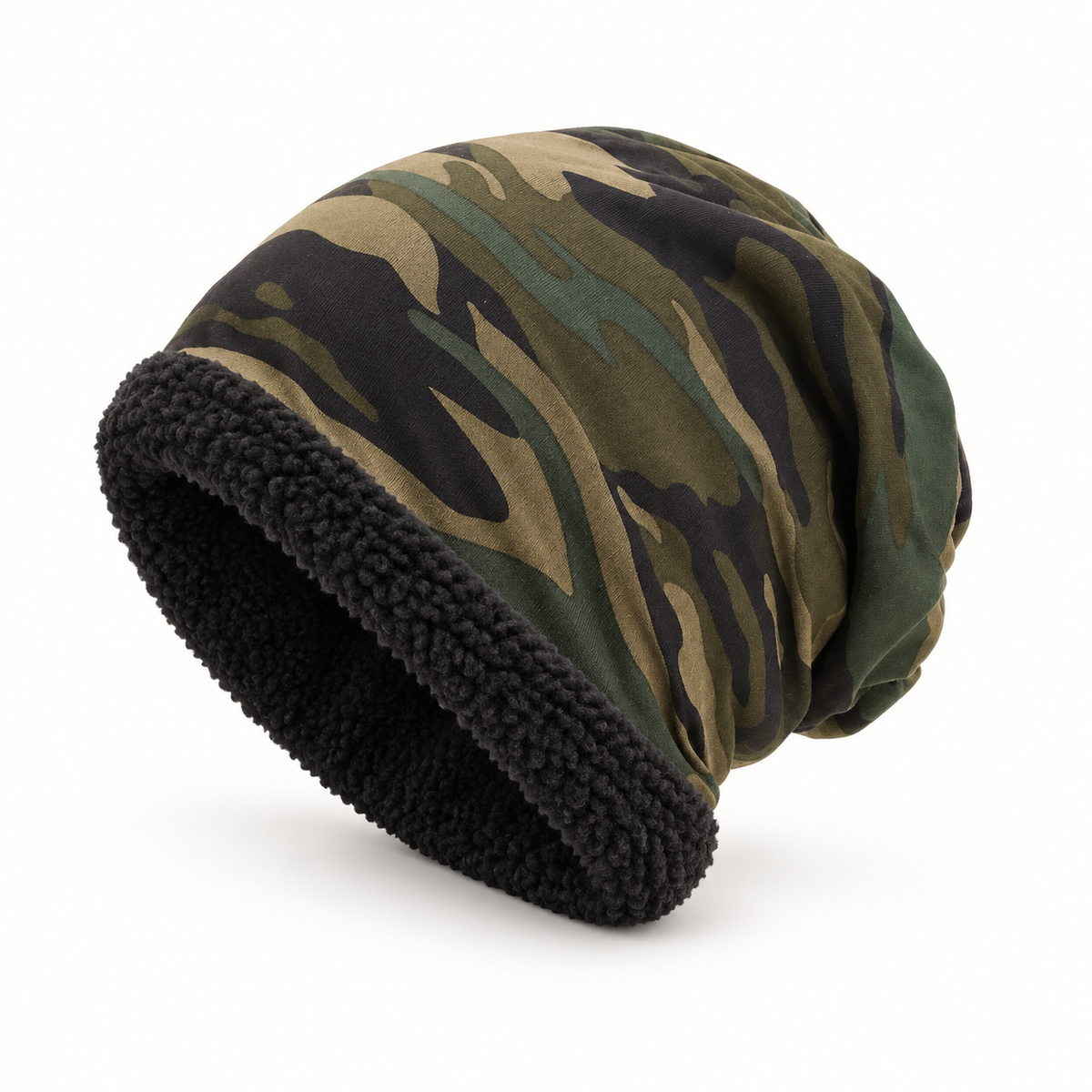 Bonnet randonnée hiver vert armé – bord sherpa retroussé