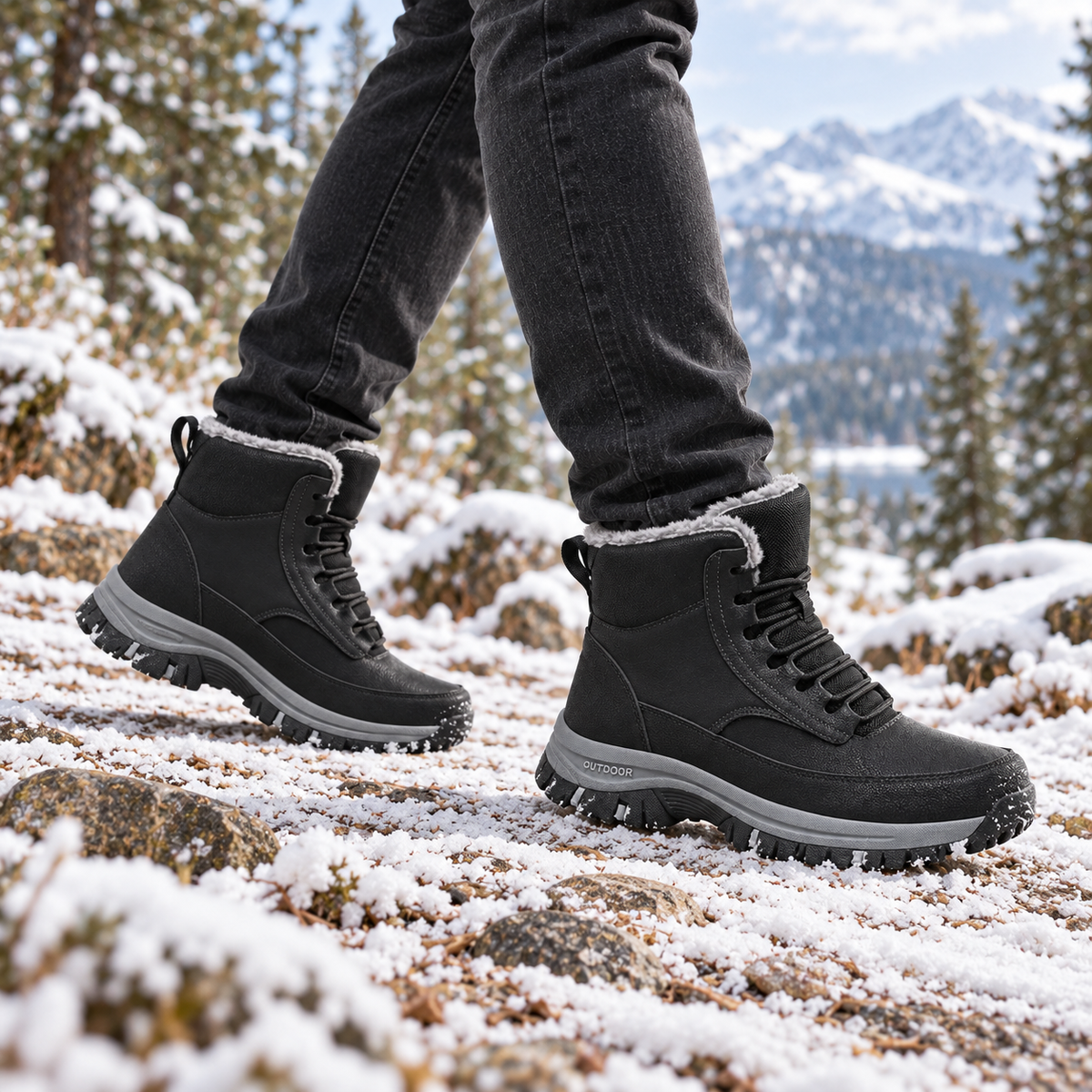 Paire de bottes de randonnée noires en marche sur neige et rochers