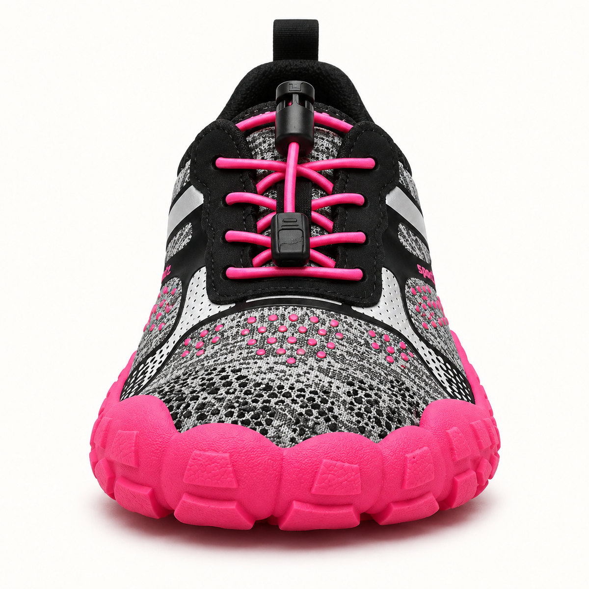 Chaussure barefoot femme randonnée rouge – boîte à orteils vue frontale
