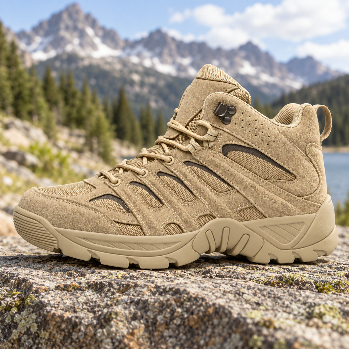Chaussure de randonnée avec amorti Tan vue de profil sur rocher