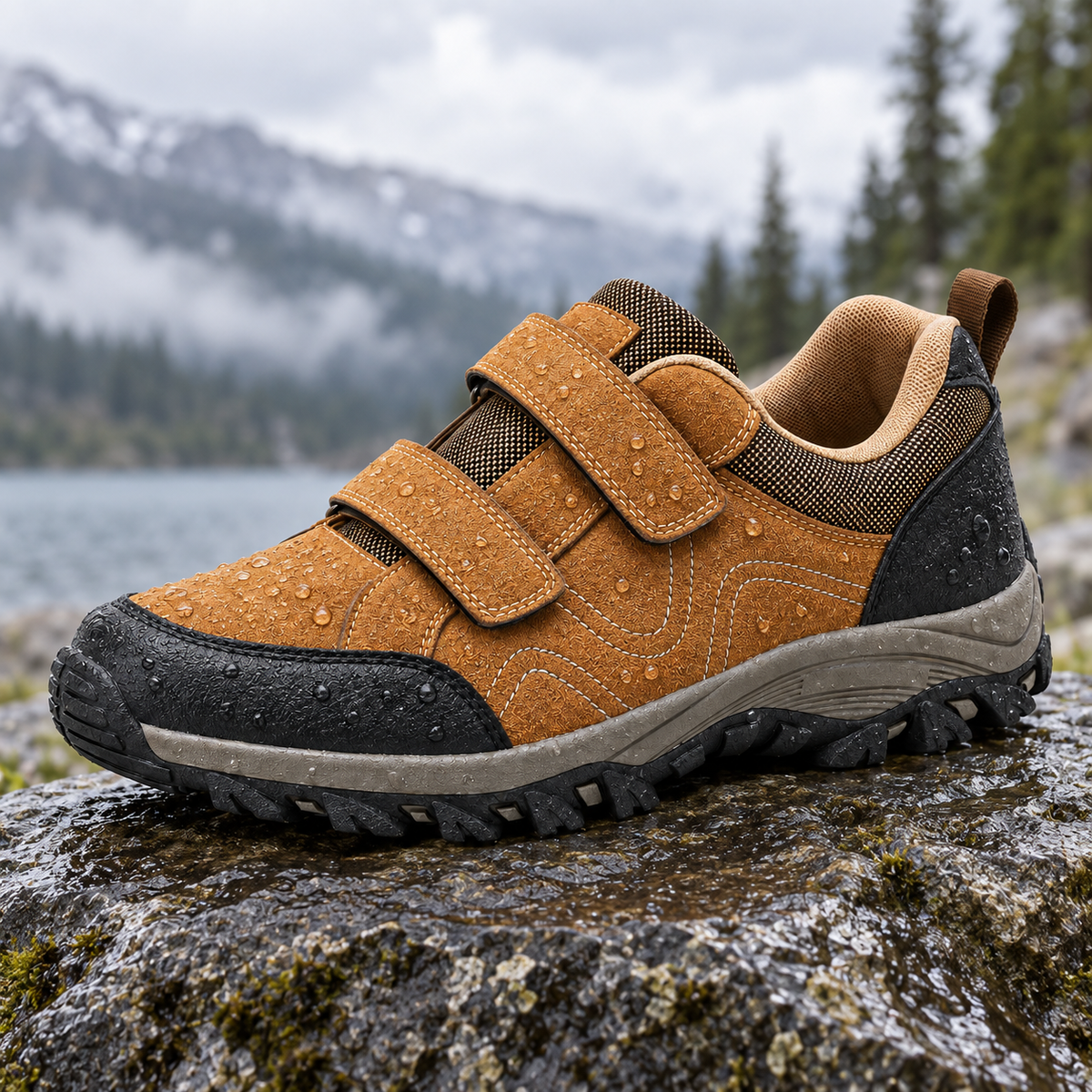 Chaussure de randonnée avec scratch kaki avec gouttes d eau sur la matière