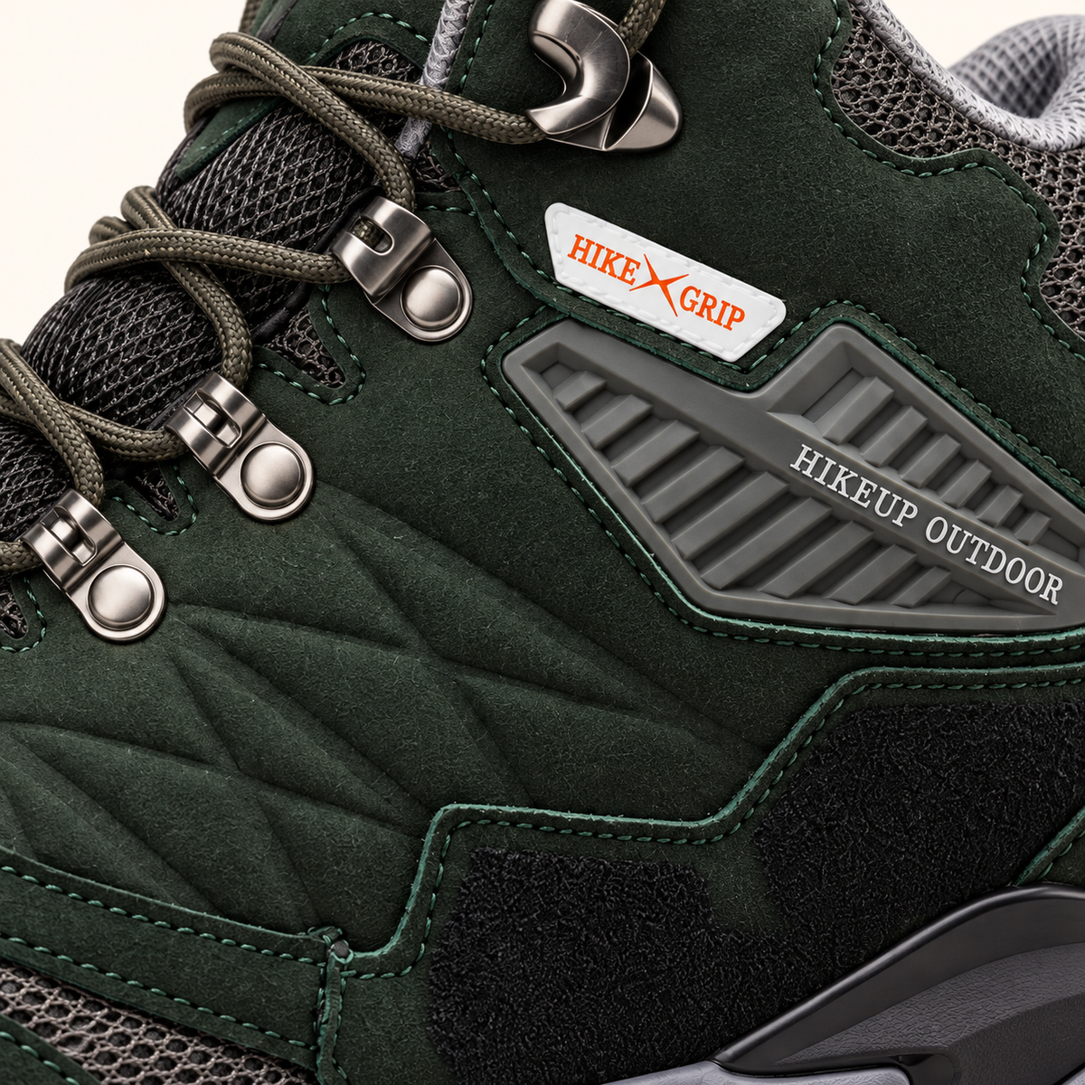 Chaussure randonnée mid cuir verte – détail matière et assemblage