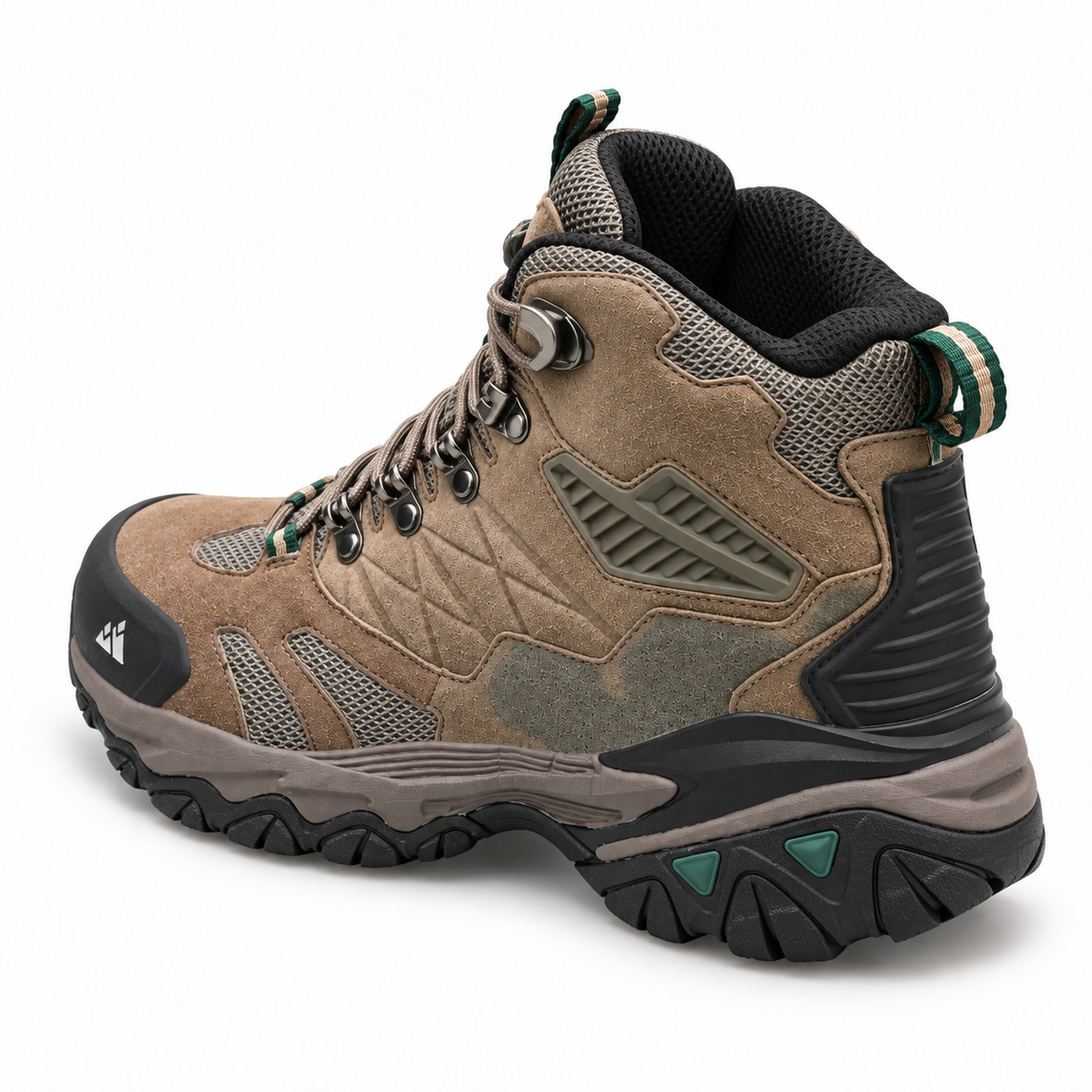 Chaussure randonnée militaire kaki montrant le col rembourré, la doublure et la tirette arrière