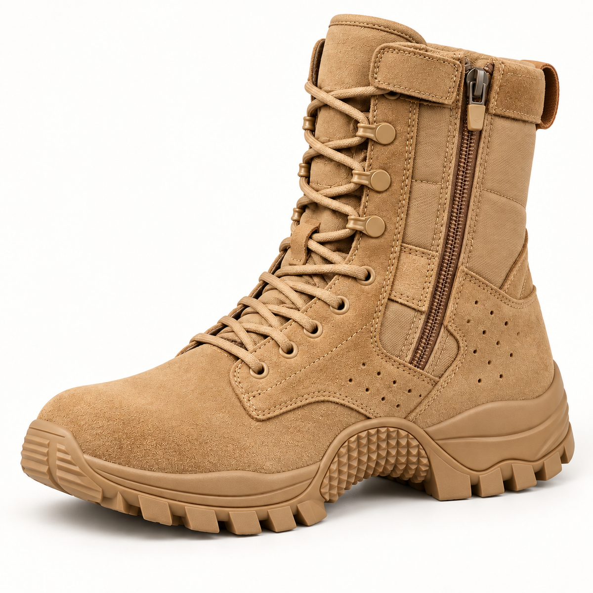 Chaussure randonnée zip sable montrant matière coutures laçage et fermeture latérale