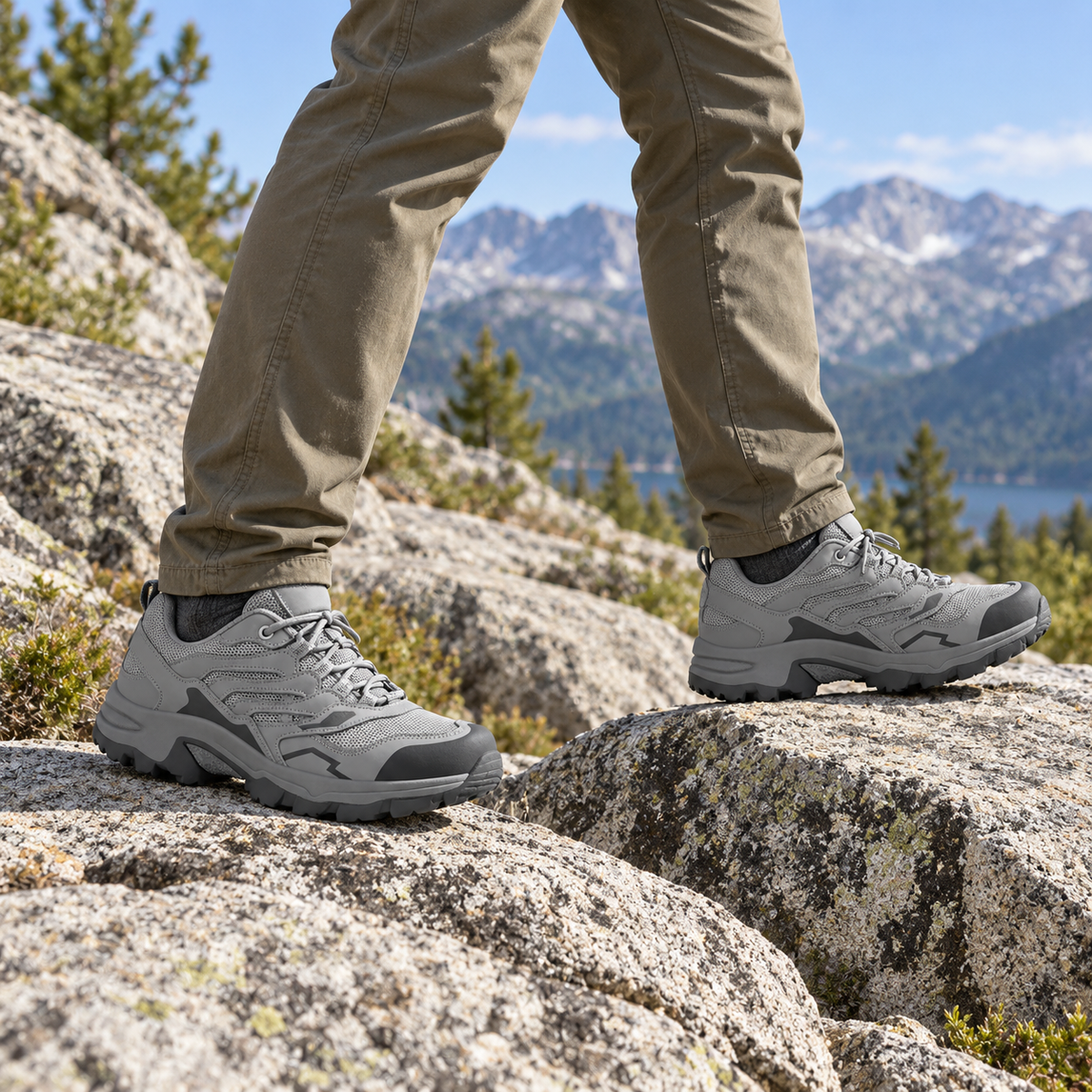 Paire de chaussures d’approche randonnée grises portée avec deux pieds complets sur des rochers