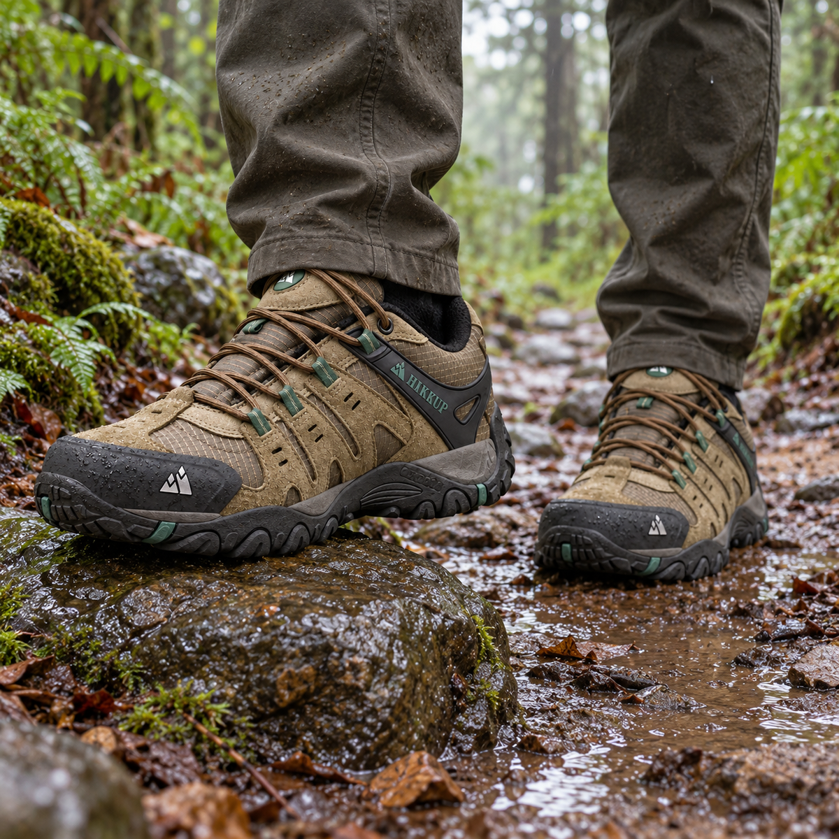 Chaussures randonnée en toile homme kaki portées sur un sentier forestier humide