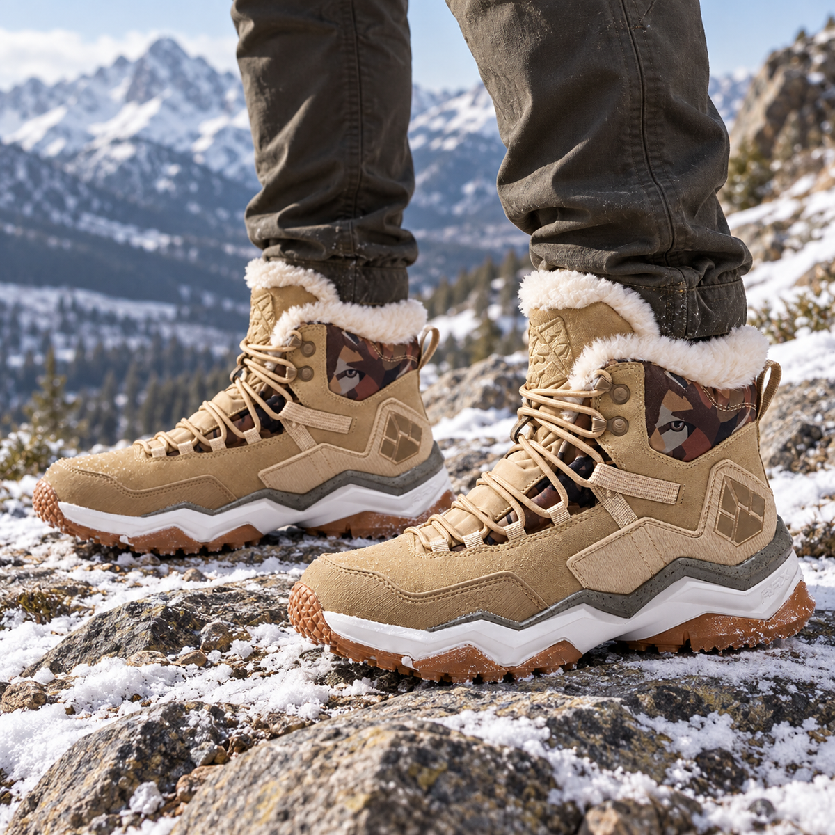 Chaussures randonnée chaudes homme beige portées sur sentier enneigé