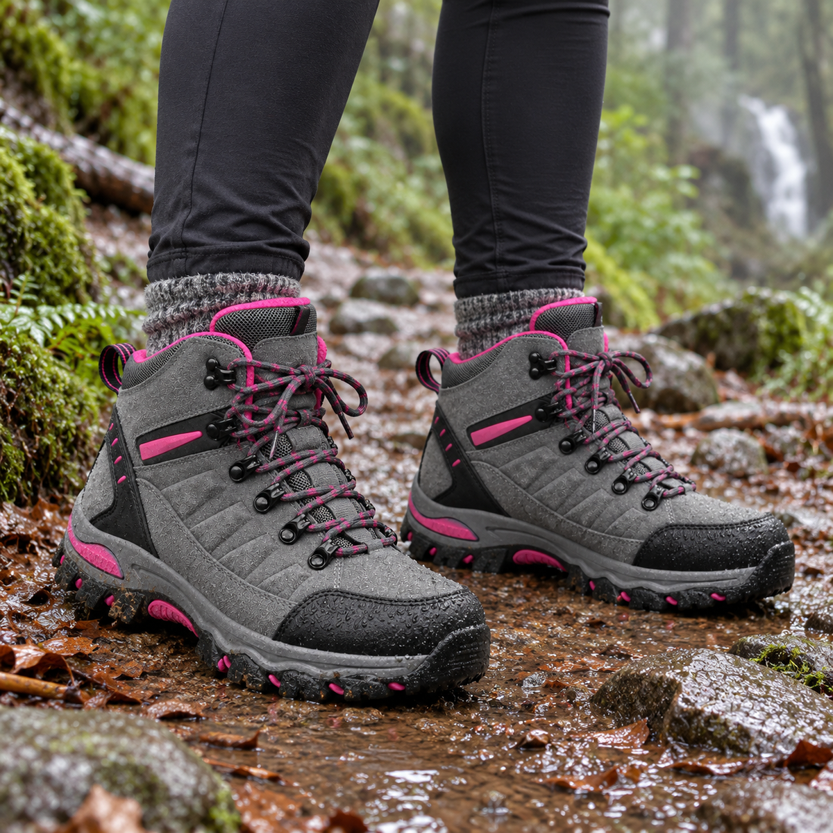 Chaussures randonnée femme imperméables montantes grises portées sous la pluie