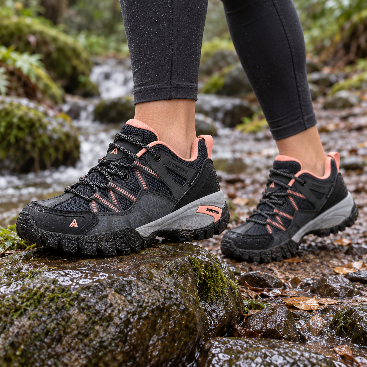 Chaussures randonnée femme vegan noires portées sur des rochers humides en forêt