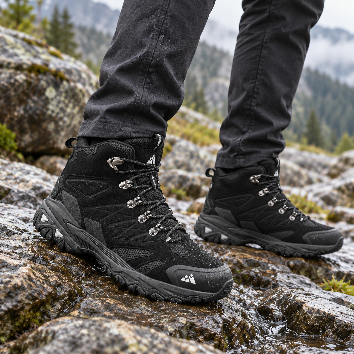Chaussures randonnée homme antidérapantes noires portées sur rochers mouillés