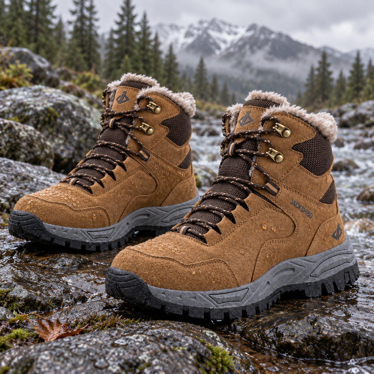 Paire complète de chaussures randonnée homme marron sur rochers humides avec gouttes d’eau