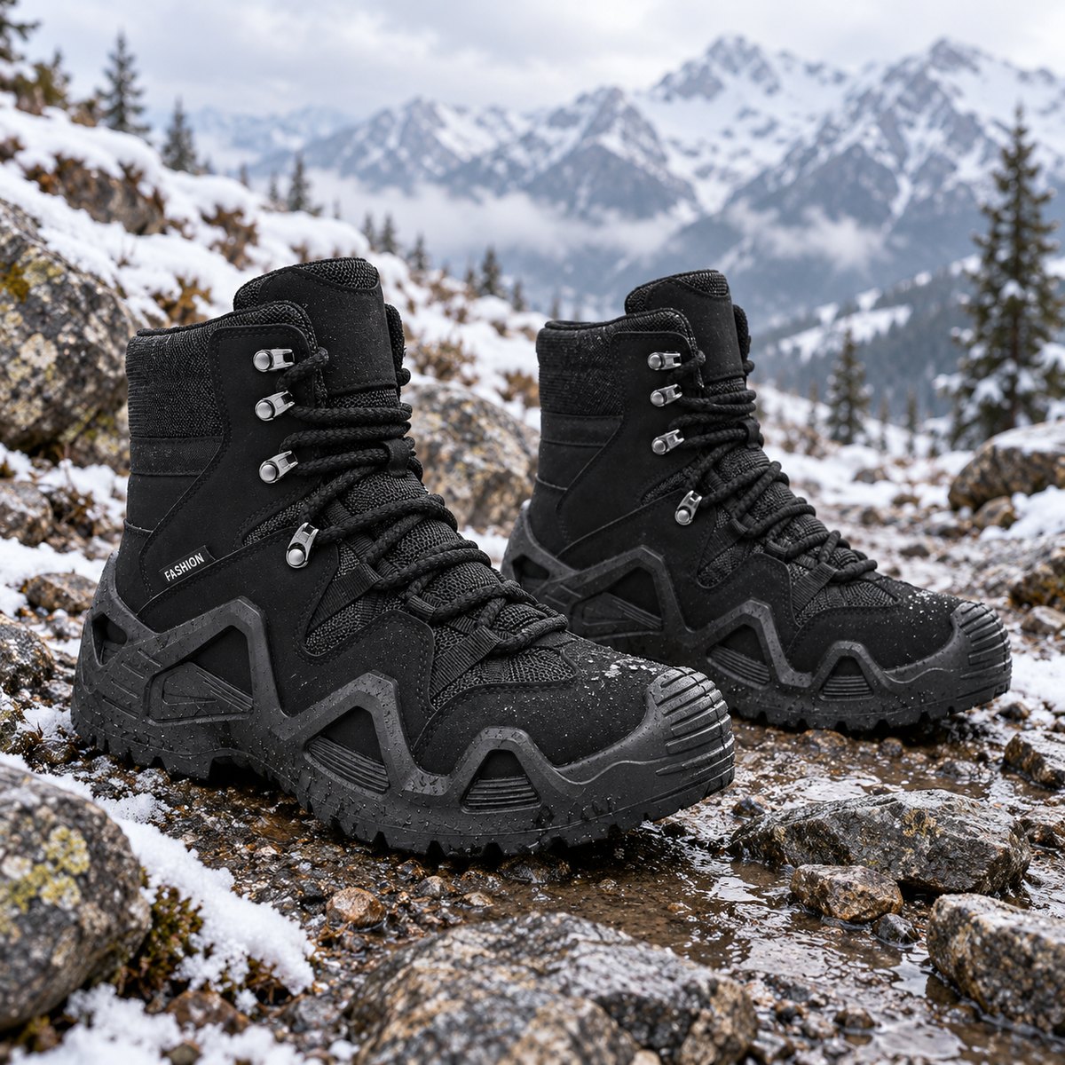 Paire complète de chaussures randonnée montantes noires posée sur un sentier rocheux enneigé