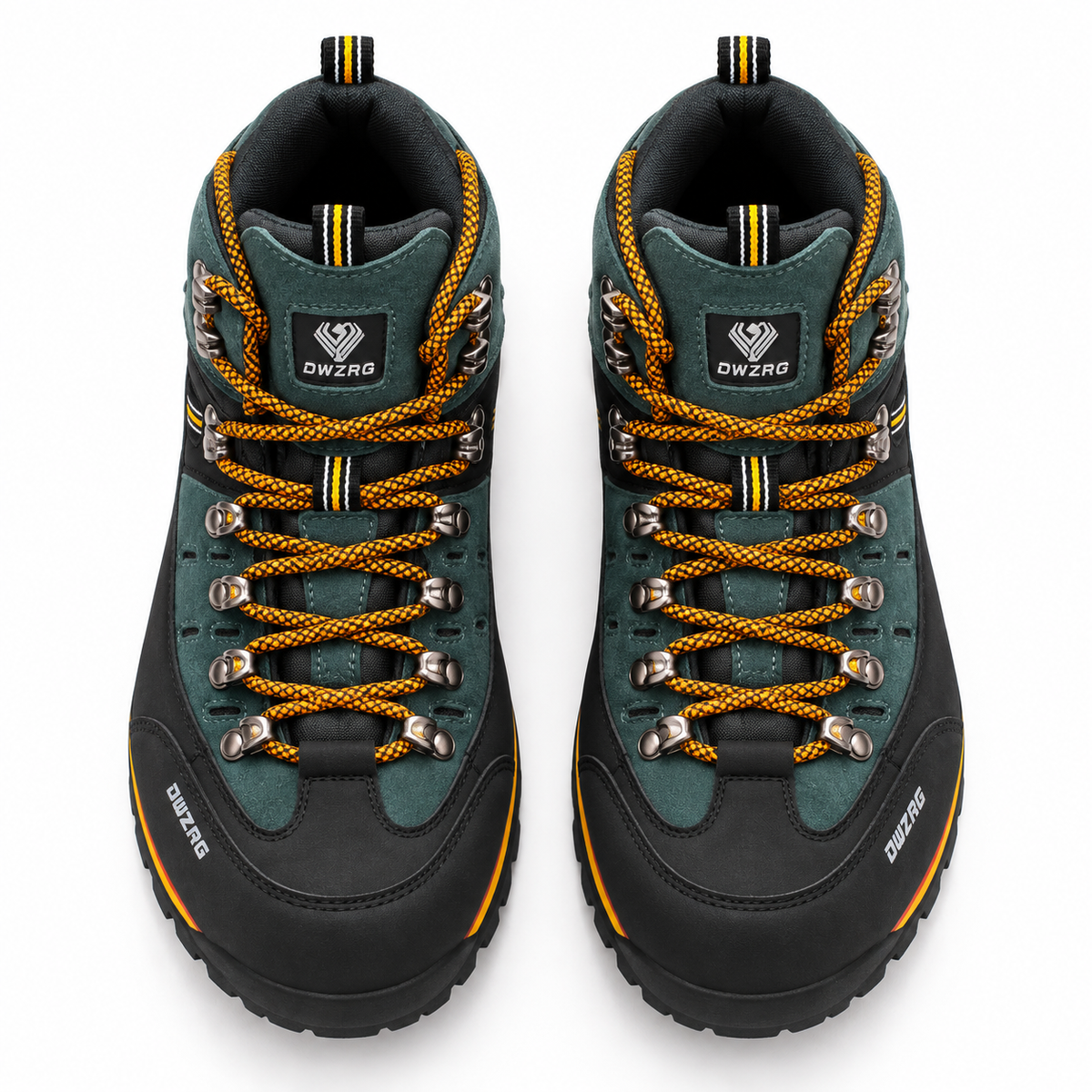Paire complète de chaussures randonnée pied large homme vertes vue du dessus montrant le large avant-pied