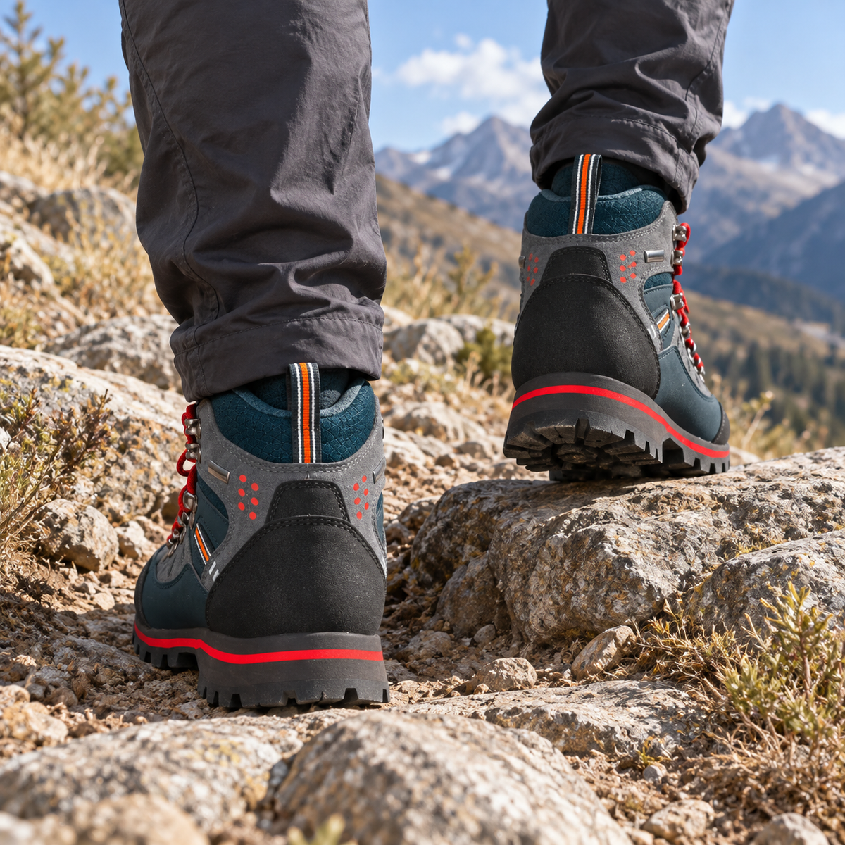Paire de chaussures randonnée rouges homme portée vue arrière sur terrain rocheux