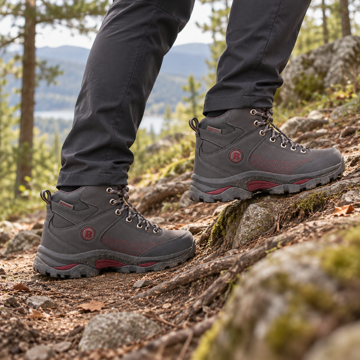 Chaussures randonnée tendinite gris foncé portées lors d une montée sur sentier